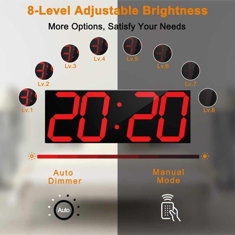 CHKOSDA LED Large Digital Wall Clock, Oversize Wall Clock with 6â€ Numbers, Remote Control Count up/Countdown Timer Clock, Auto Dimmer, Big Calendar and Thermometer(Red) - Image 3